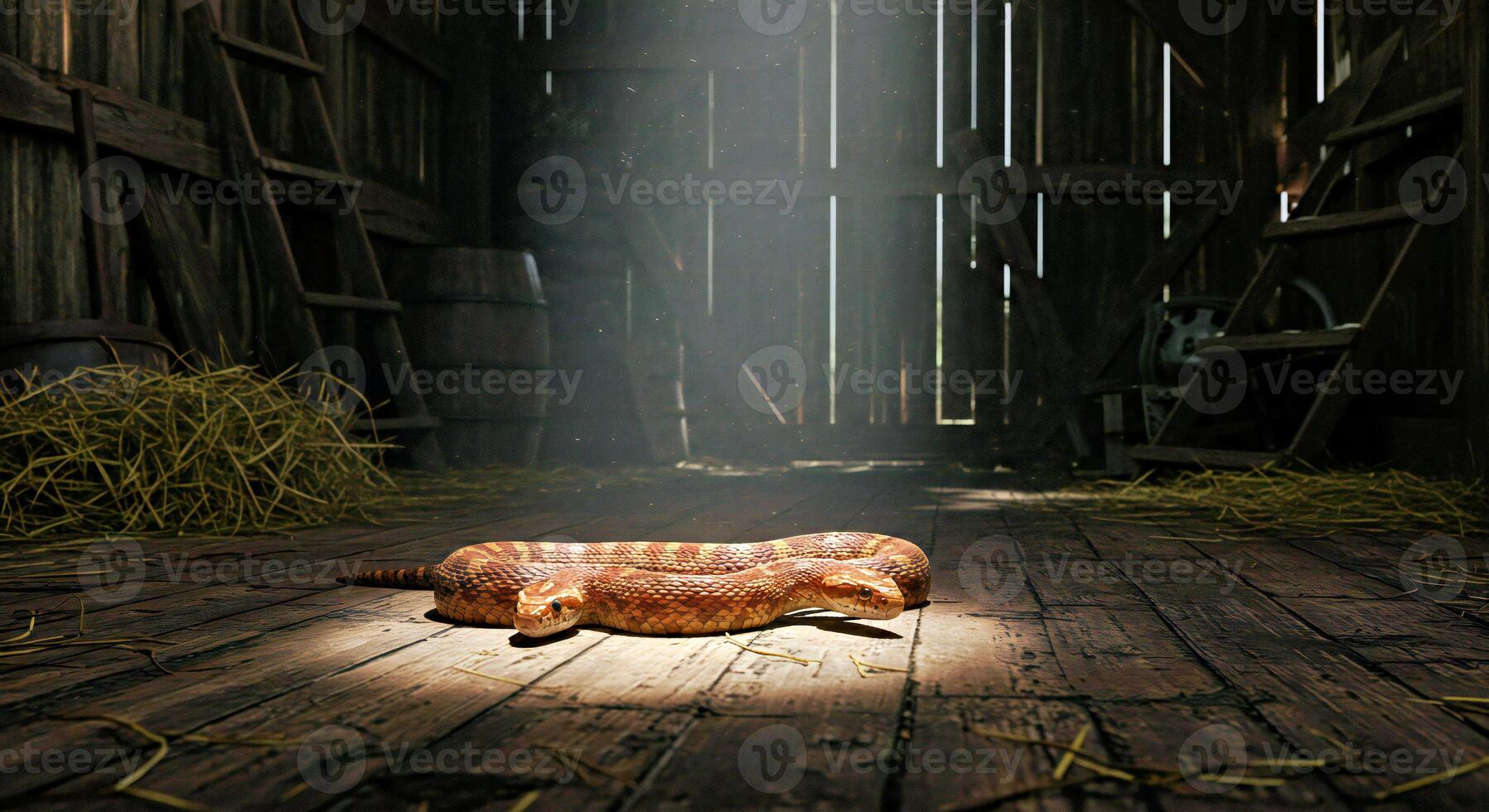 A snake laying on the floor in a barn photo