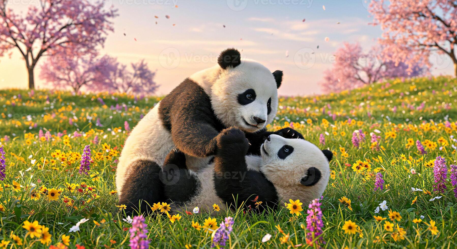 Two panda bears are playing in a field of flowers photo
