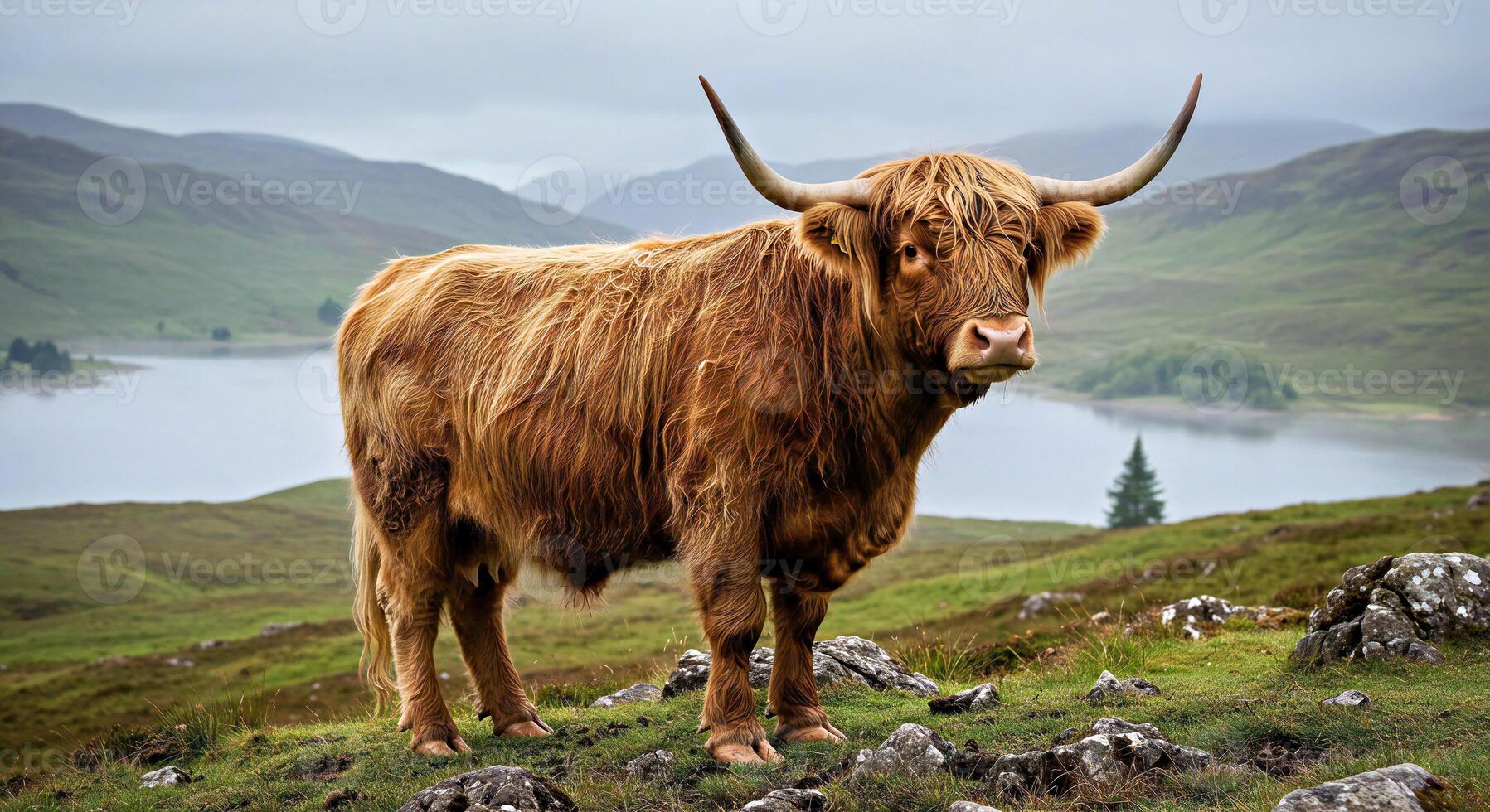 A large brown bull standing on a hillside photo