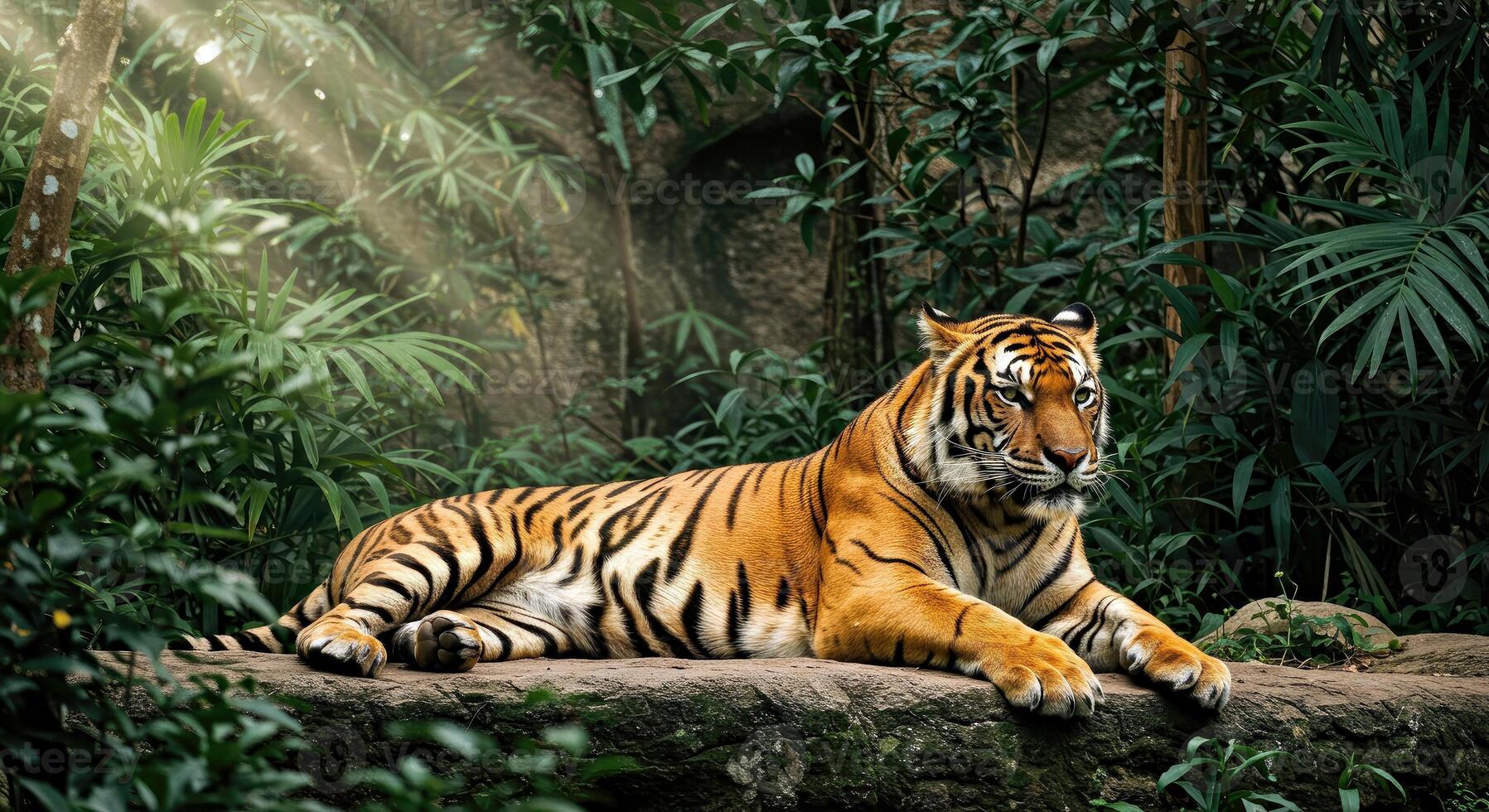 A tiger is sitting on a rock in the jungle photo