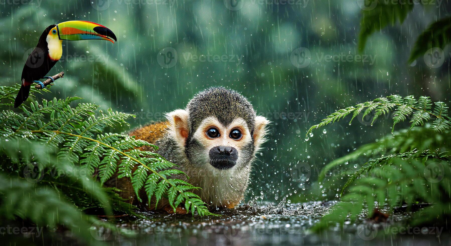 A small monkey is in the rain with a toucan photo