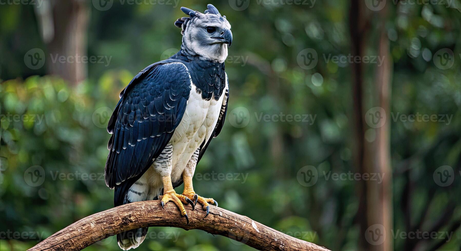 A large bird perched on a branch in the woods photo