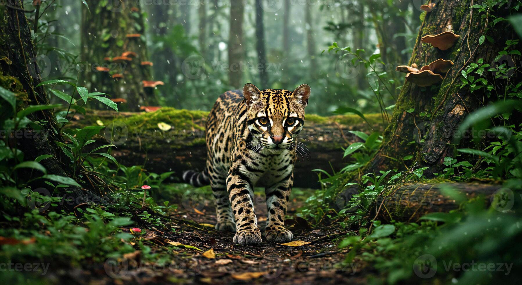 A leopard walking through the woods in the rain photo