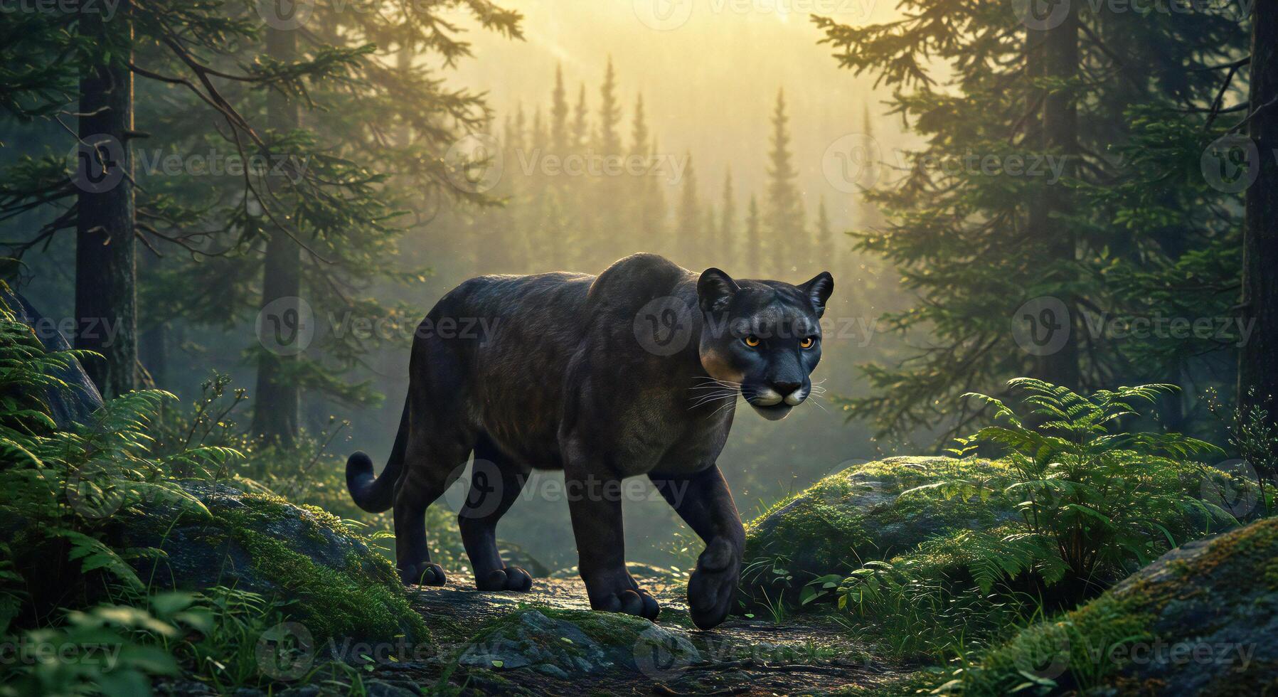 A black panther walking through a forest frontview photo