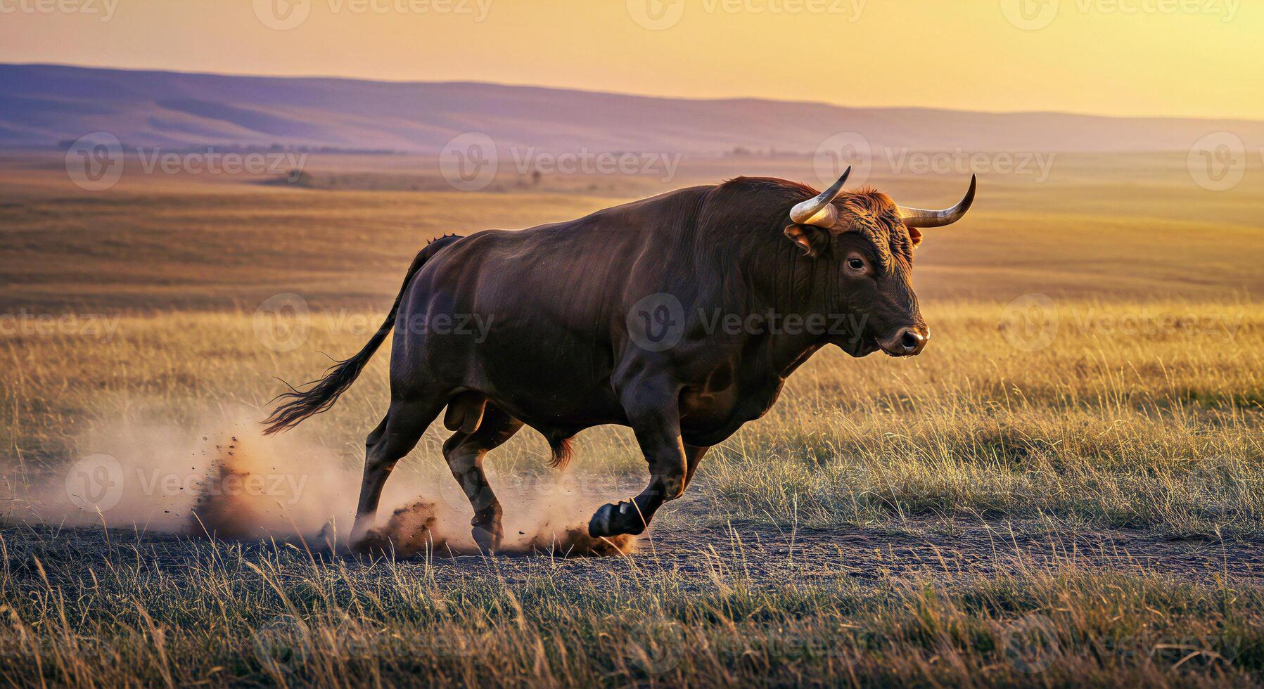 A bull running across a field at sunset photo