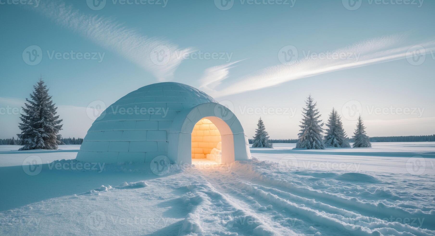 An igloo is shown in the snow photo