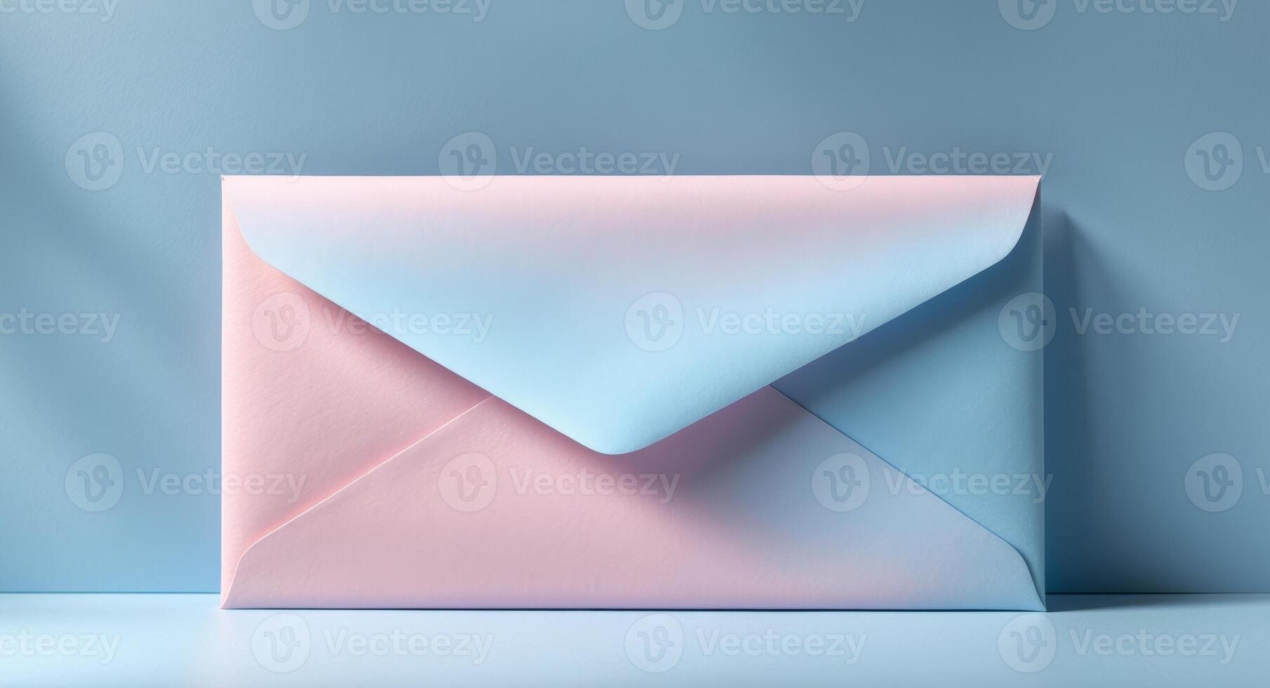 An open envelope with pink and blue paper photo