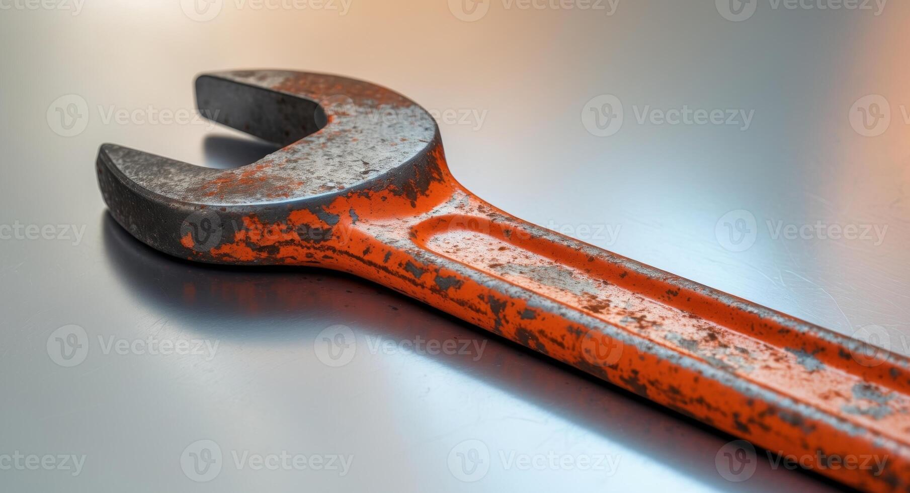 An old rusty wrench on a shiny surface photo