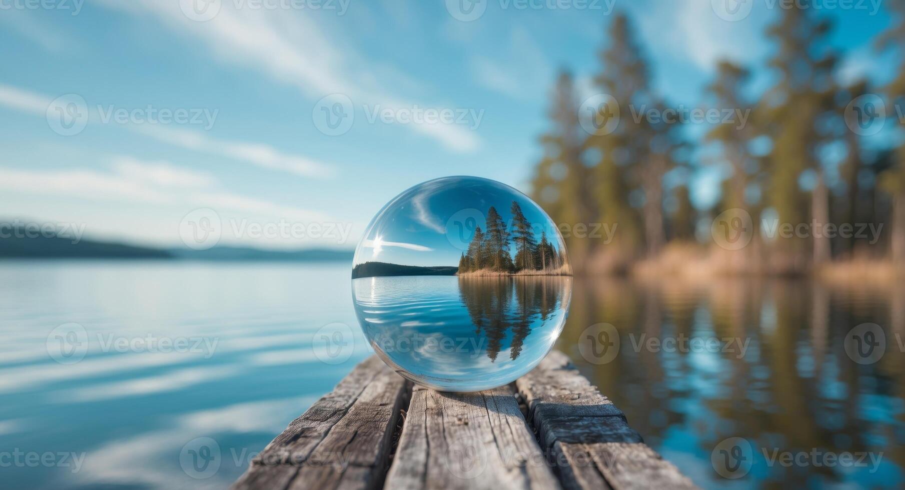 Glass ball reflecting a tranquil lake scene with trees and a clear blue sky in the background photo