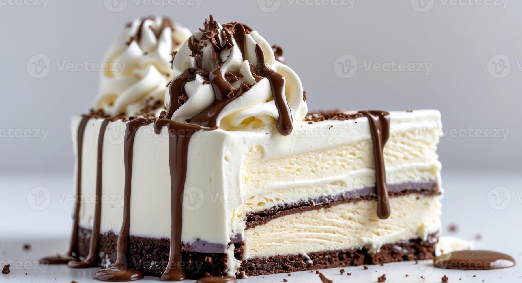 A Decadent Slice of Ice Cream Cake with Whipped Cream and Chocolate Drizzle. photo
