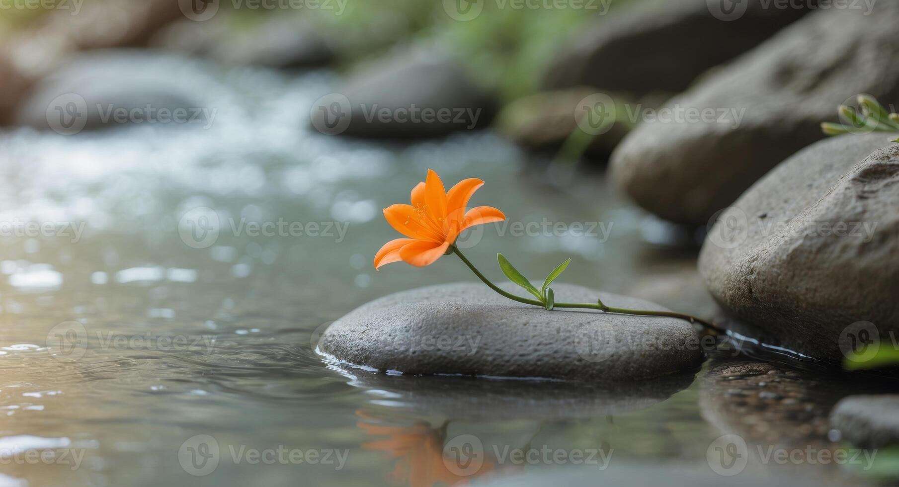 Orange flower by a small stream in a rocky creek bed photo