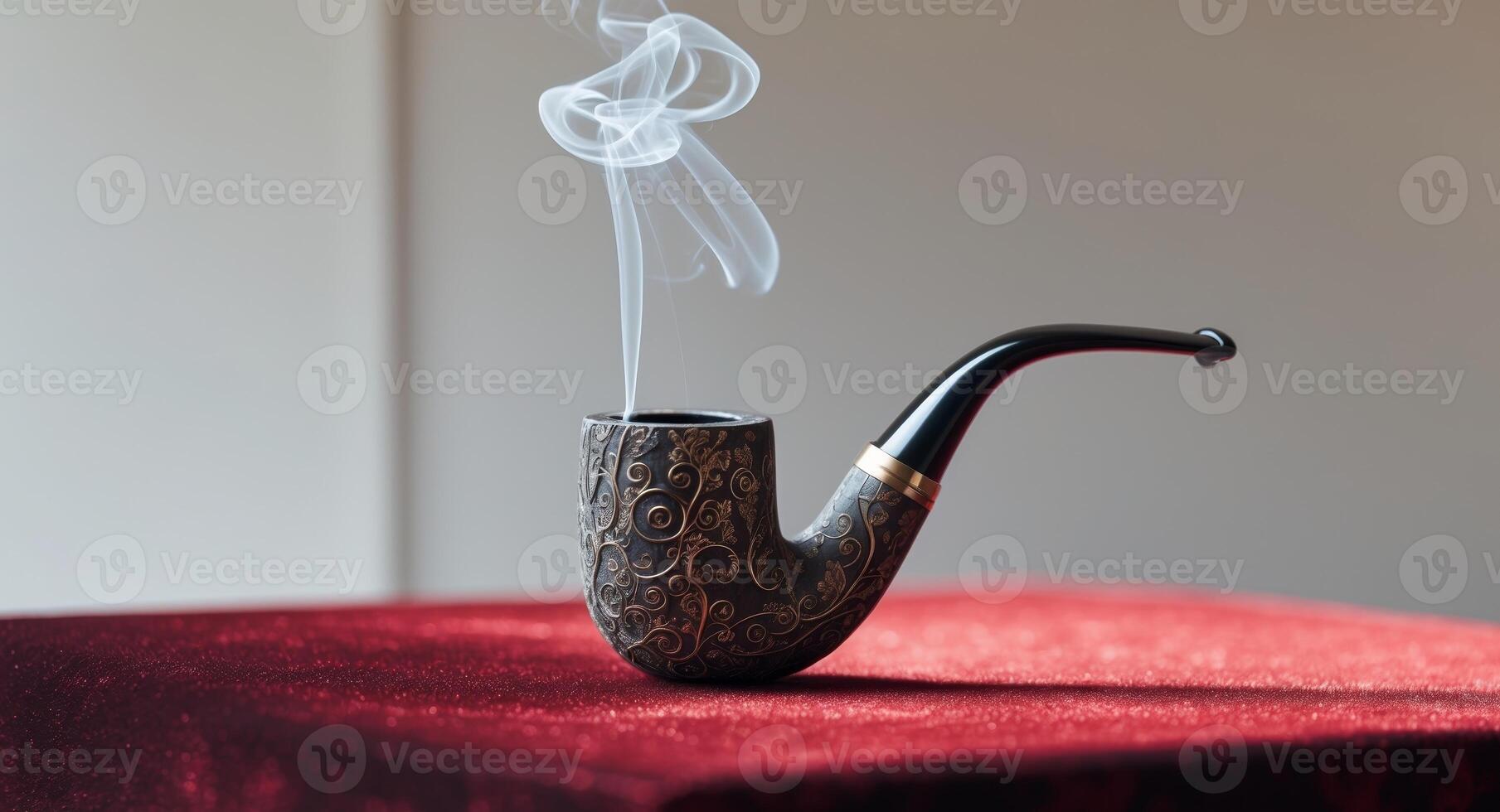 Intricately Carved Smoking Pipe with Smoke Rising on a Deep Red Surface photo