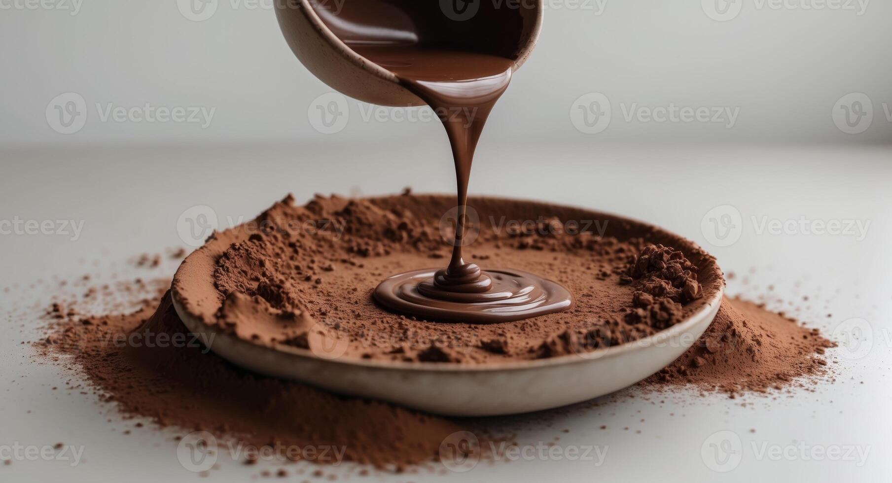 Chocolate pouring from a spoon into a bowl of cocoa powder photo