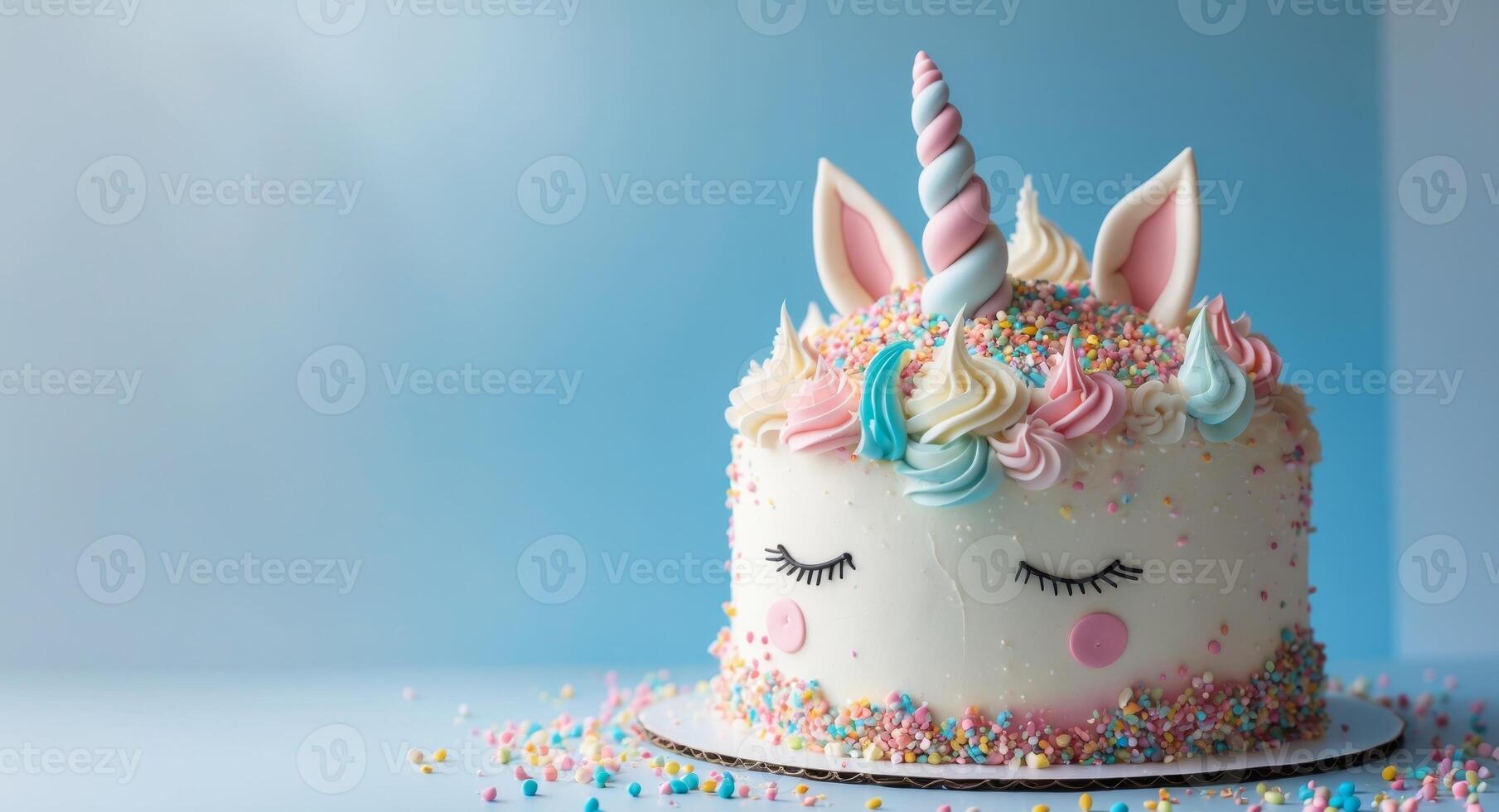 A cake with a unicorn head and pink icing photo
