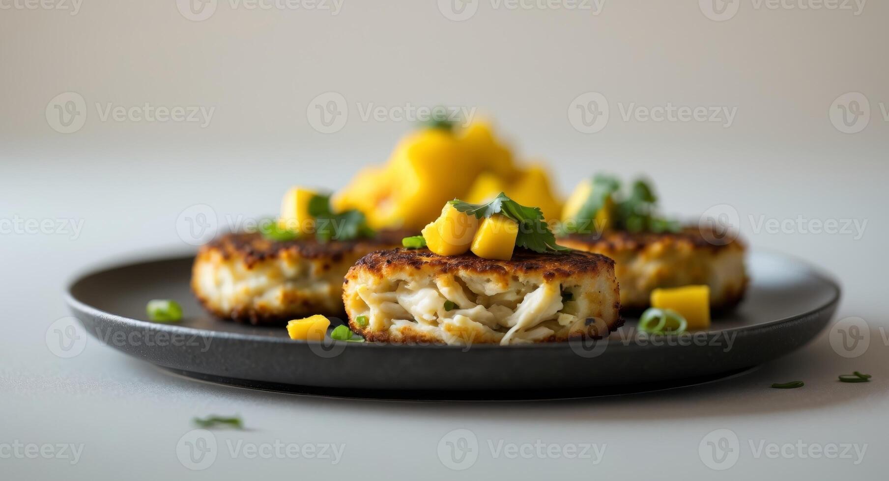 Three crab cakes with mango salsa on a plate photo