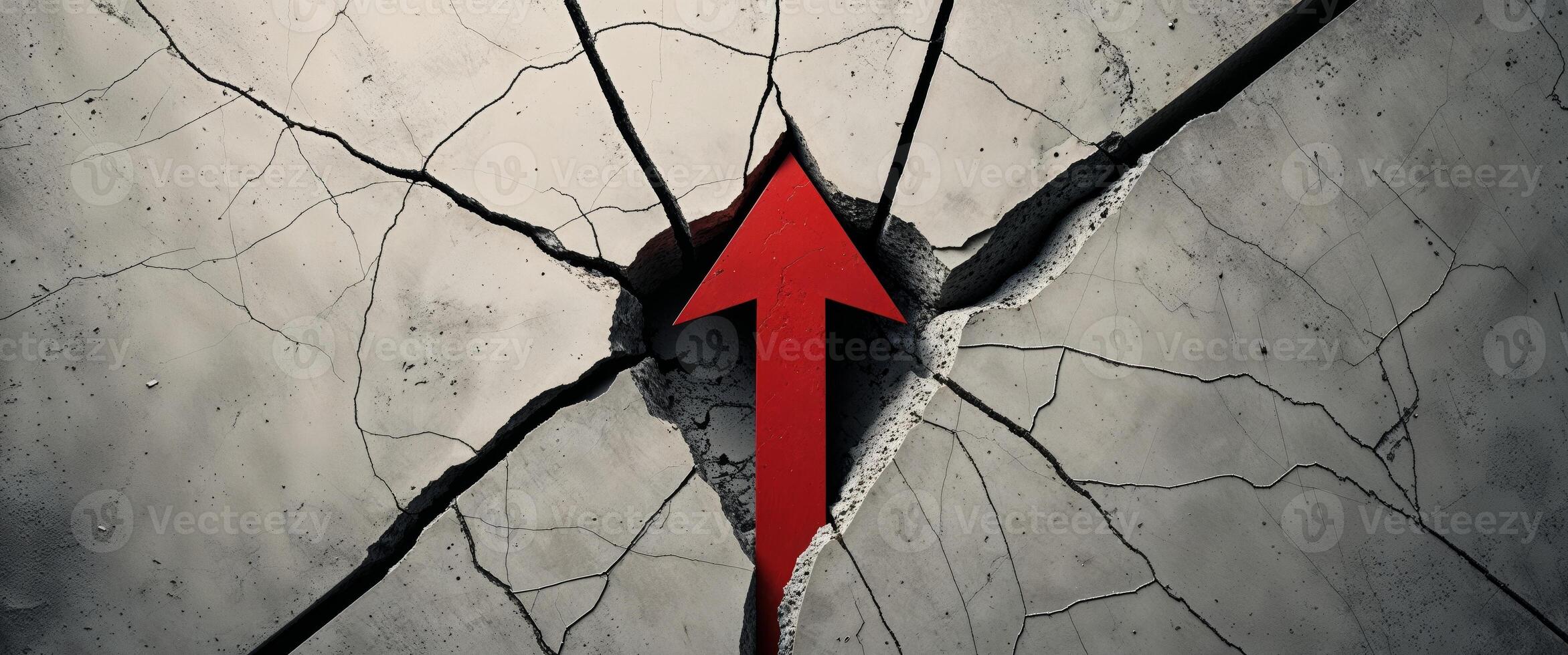 A red arrow is pointing through a crack in a wall photo