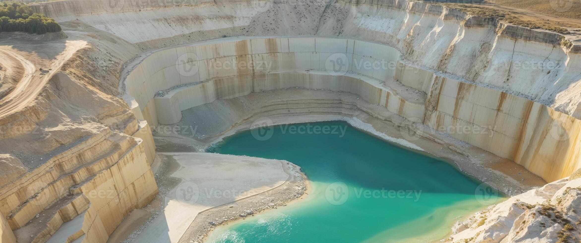 An aerial view of a quarry with a blue water hole photo