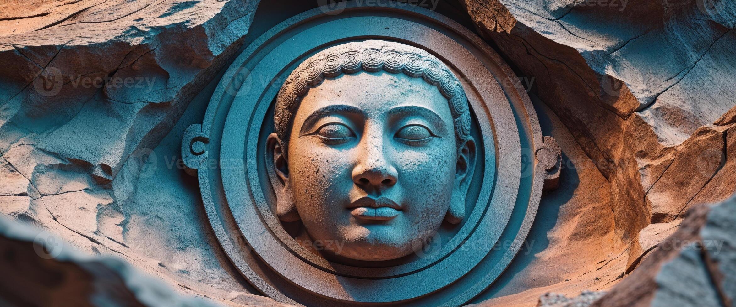 Ancient stone carving of a face surrounded by concentric circles located in a rocky landscape. photo
