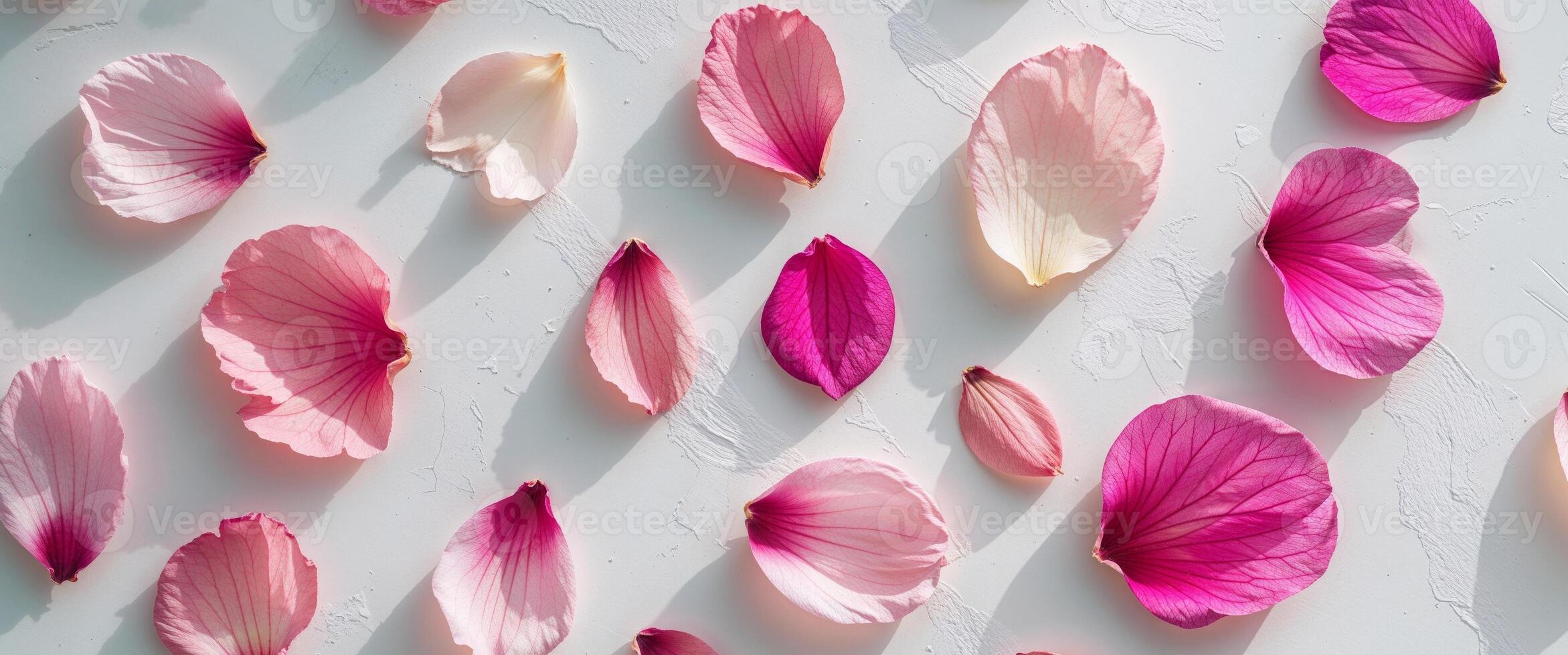 Pressed pink flower petals arranged on a white textured background for decoration or crafts. photo
