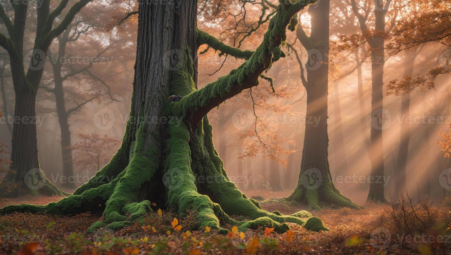 Ancient Trees Covered in Moss Amidst Autumn Chaos of Nature. photo