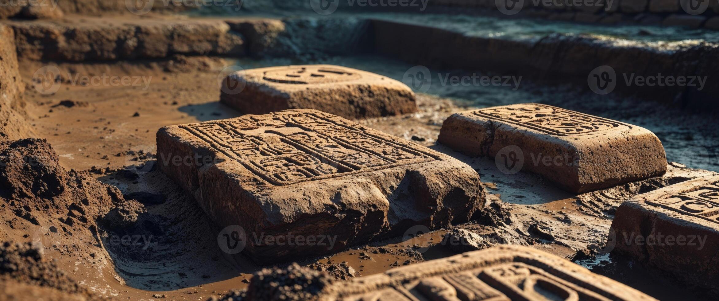 Ancient carved stones uncovered in a muddy excavation site reveal intricate designs from a lost civilization photo