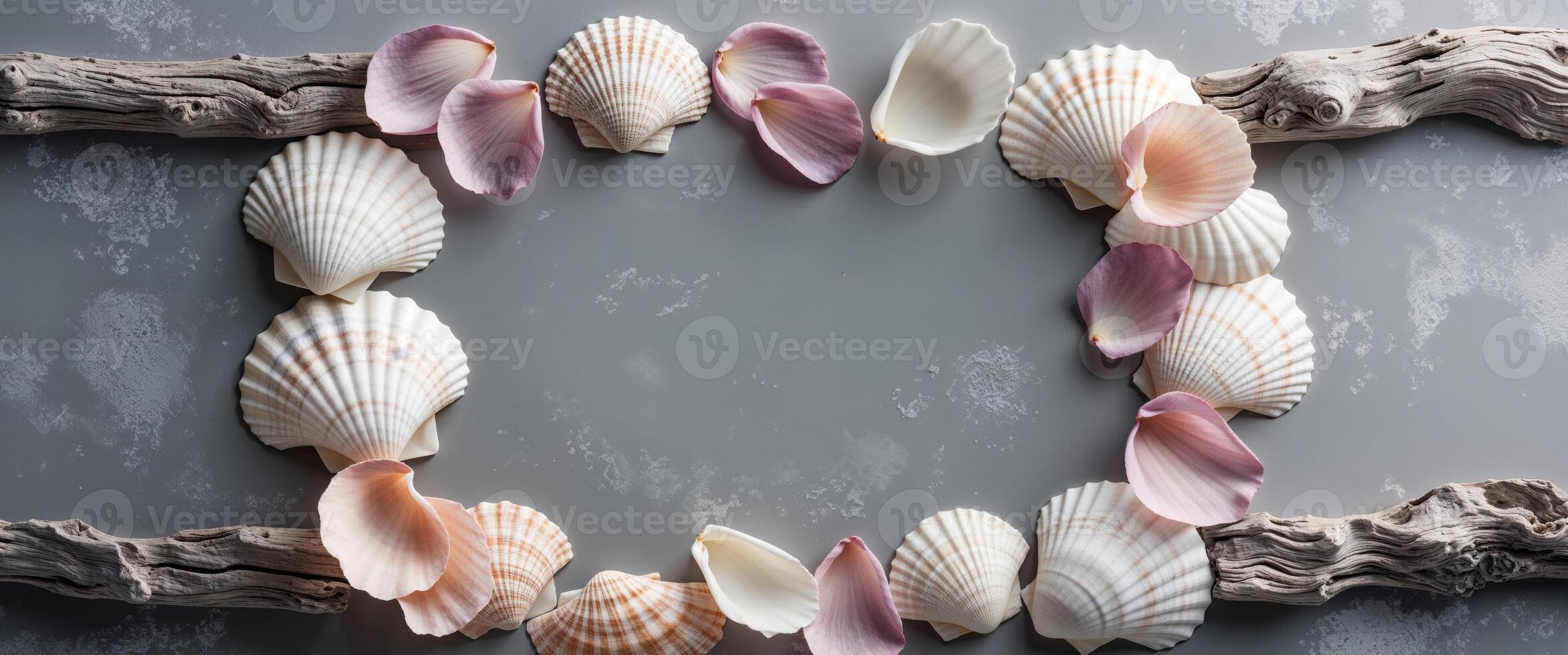 Seashells and petals creating a frame on textured gray background photo