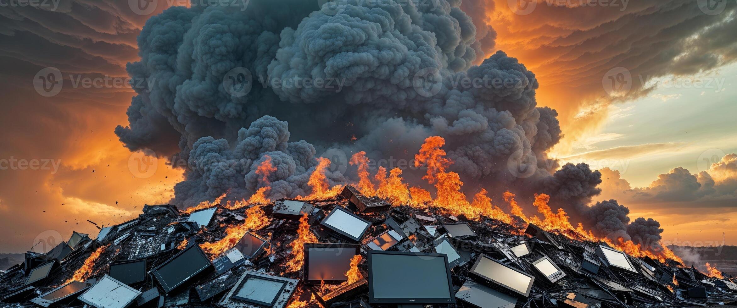massive dump of electronic waste burning under dramatic sky. photo
