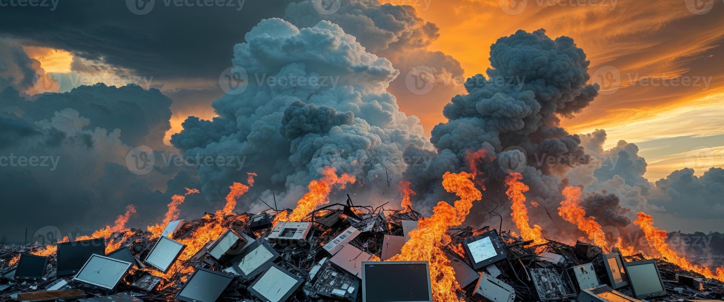 massive dump of electronic waste burning under dramatic sky photo