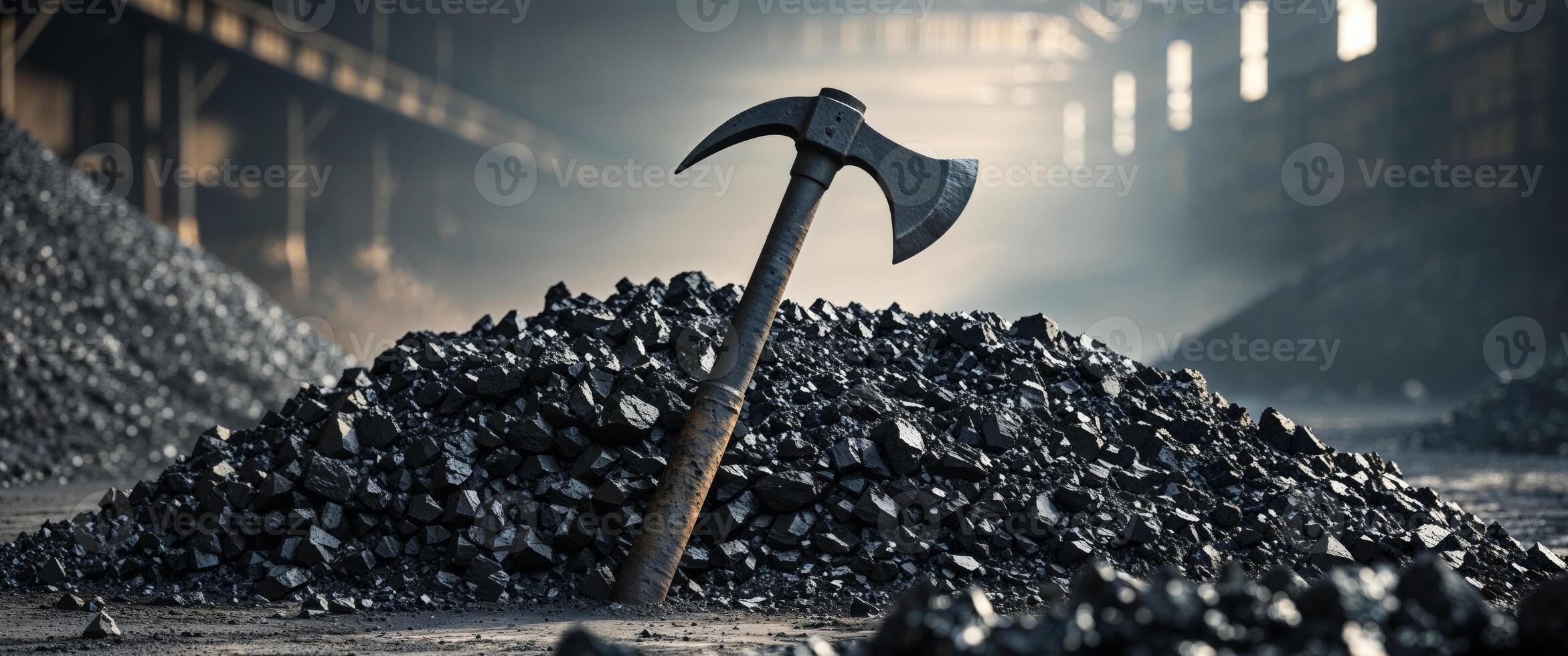 Mining pickaxe on a pile of coal with a blurred background in an industrial setting and copy space photo