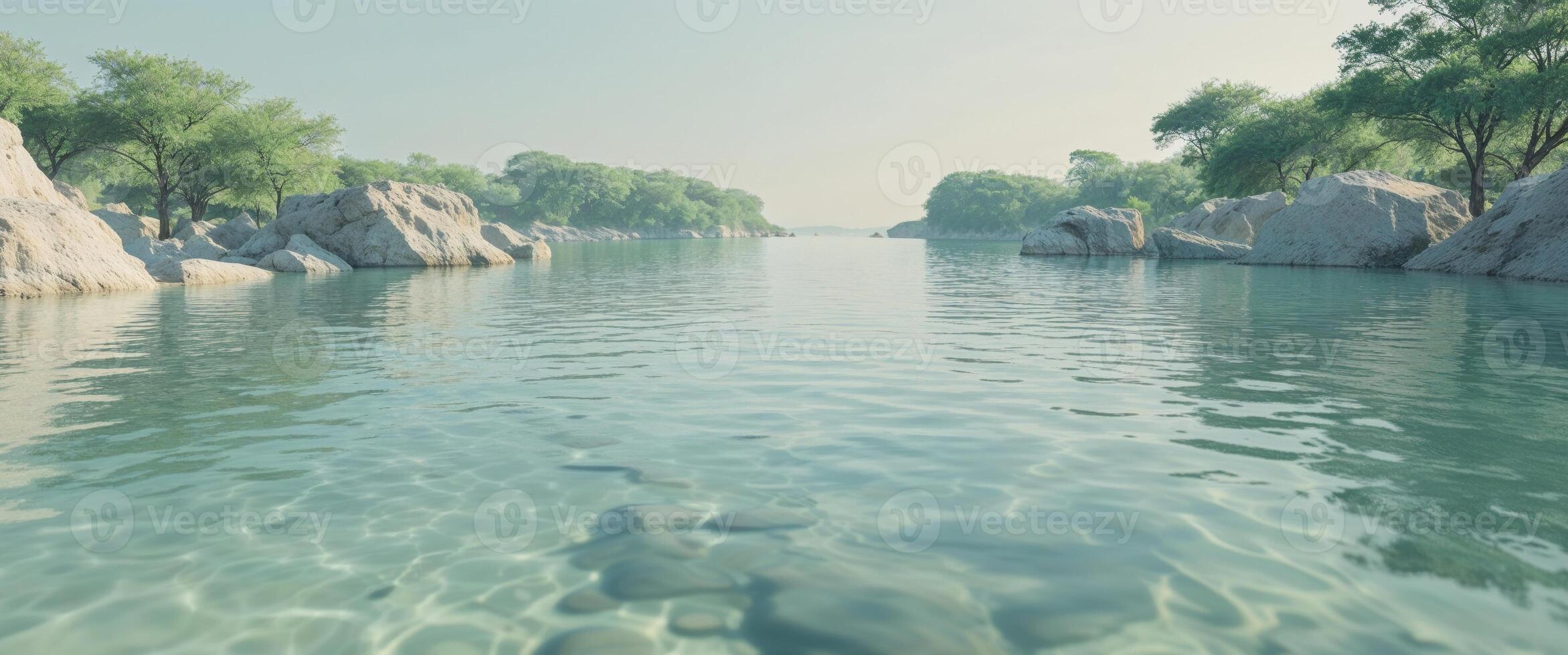 A large body of water surrounded by rocks and trees photo