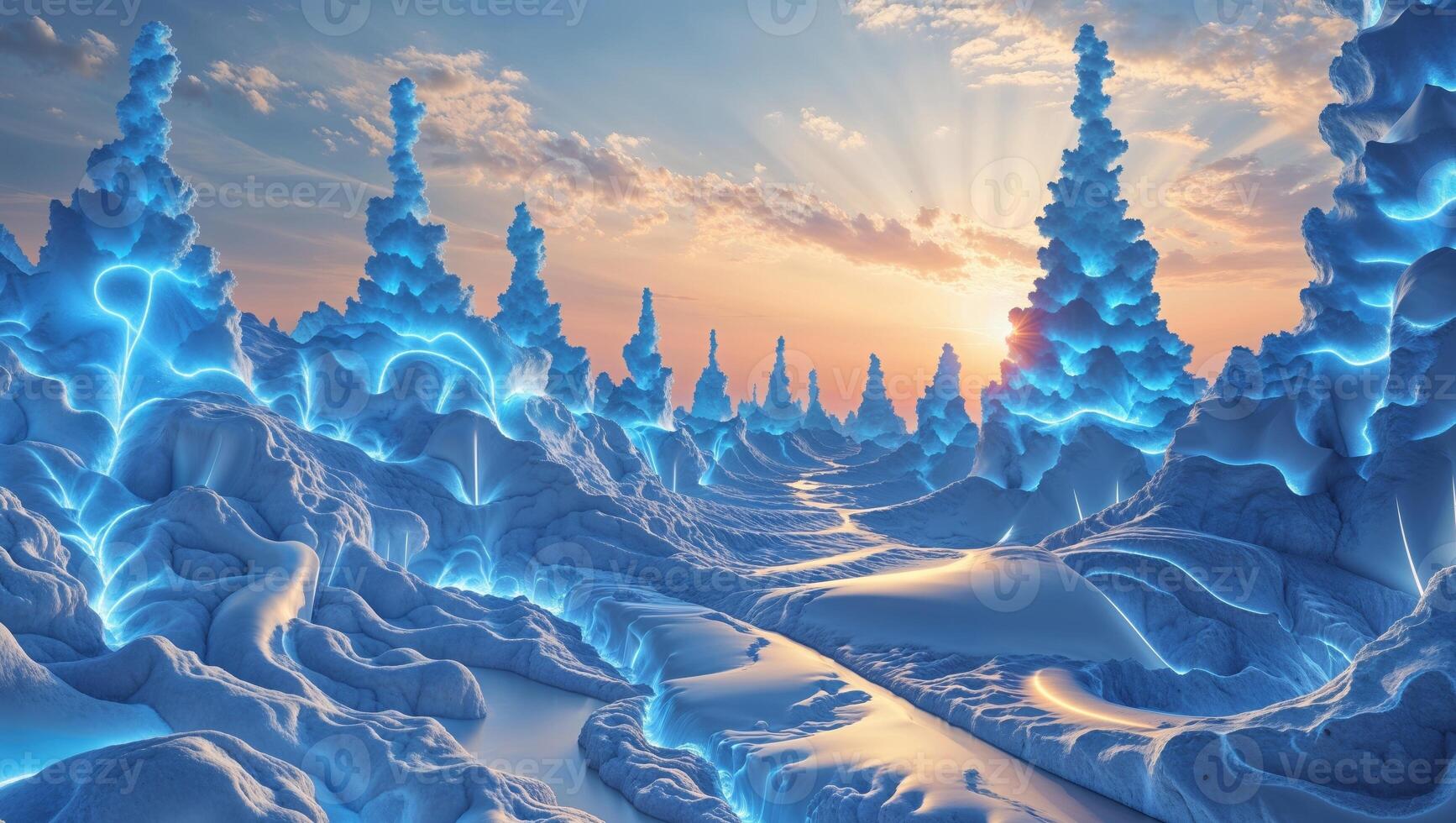 Futuristic Design Concept of Light and Technology in a Blue Fractal Landscape at Sunset. photo