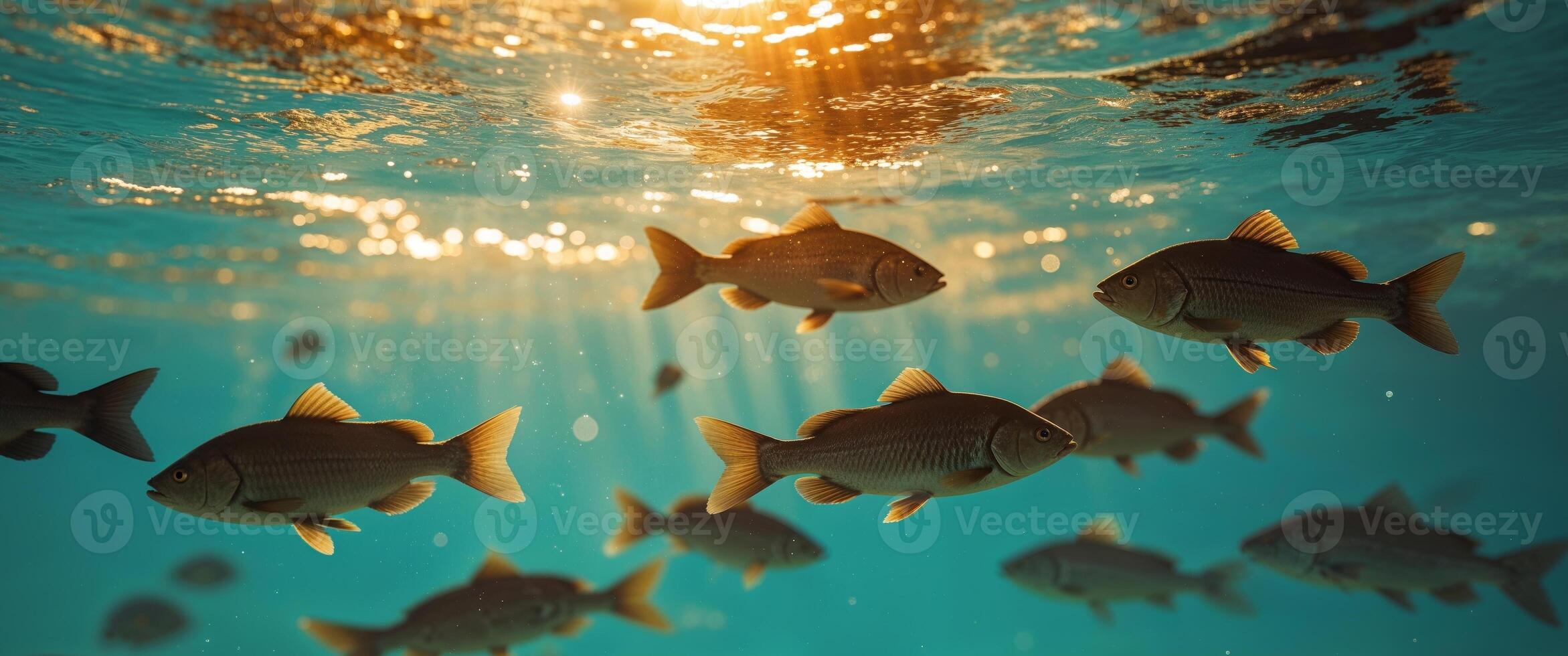 Fish swimming in the ocean with sunlight shining on them photo
