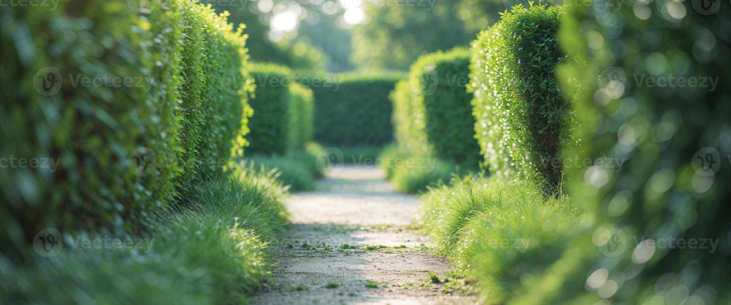 A path through a lush green hedge lined with bushes photo