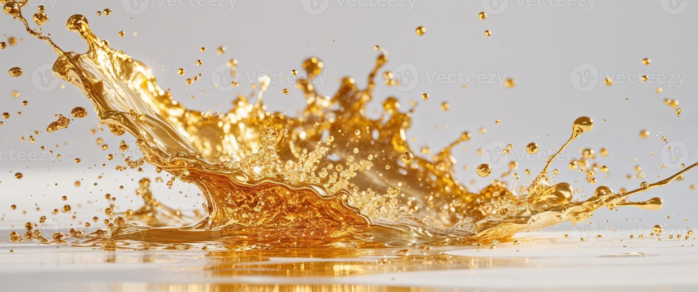 Golden liquid splashing on a white background photo