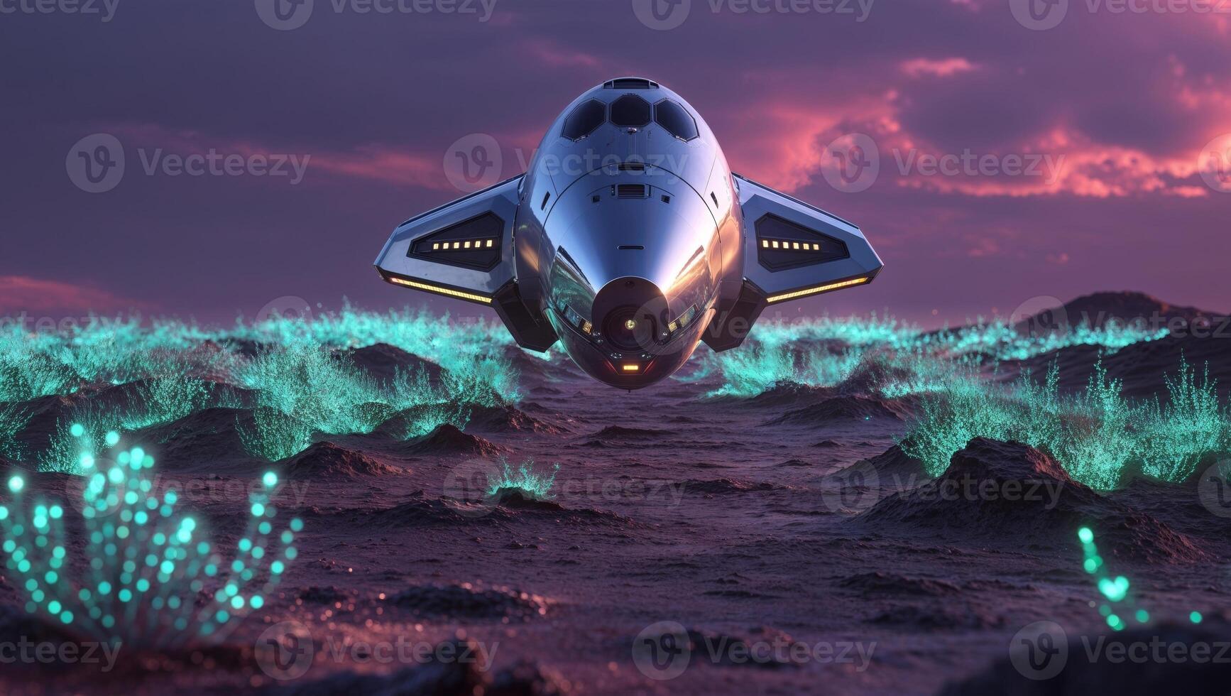 Space shuttle in the desert with grass and rocks photo
