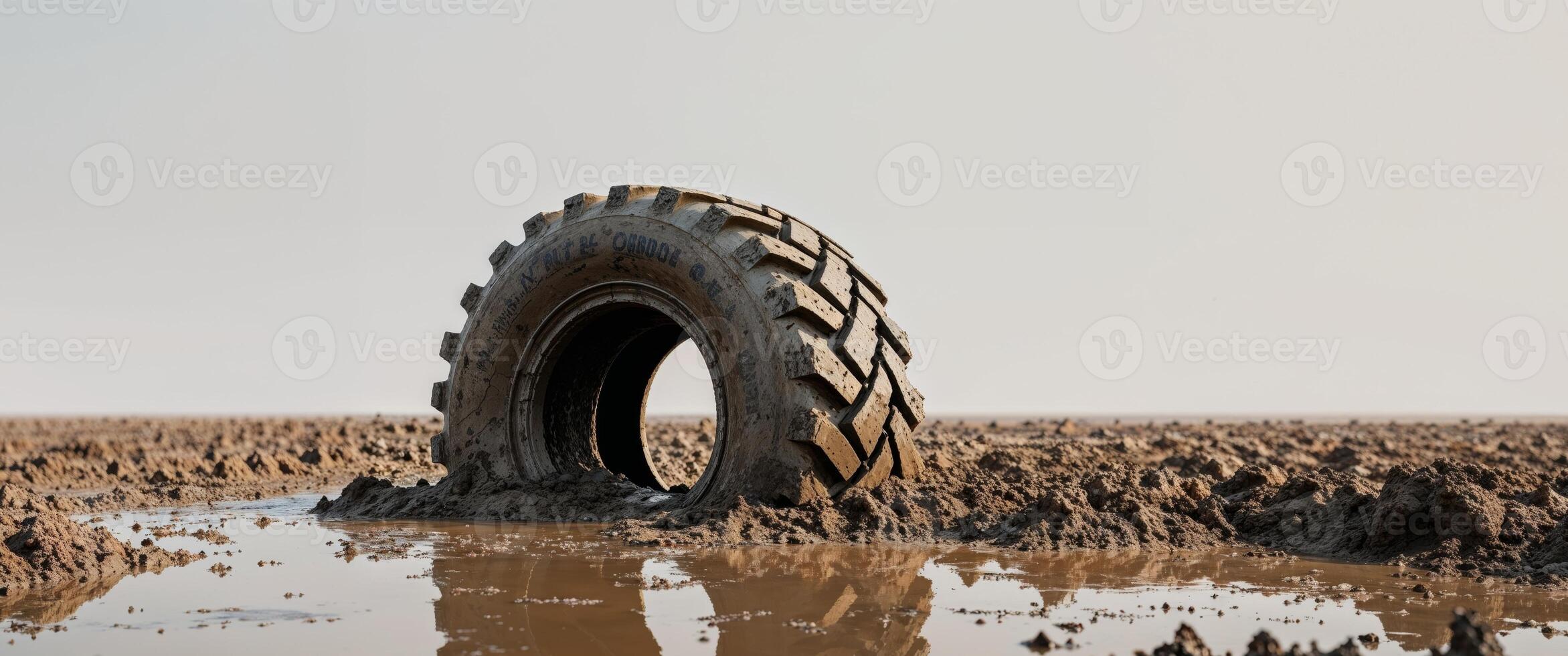 A muddy tire sitting in the middle of a field photo