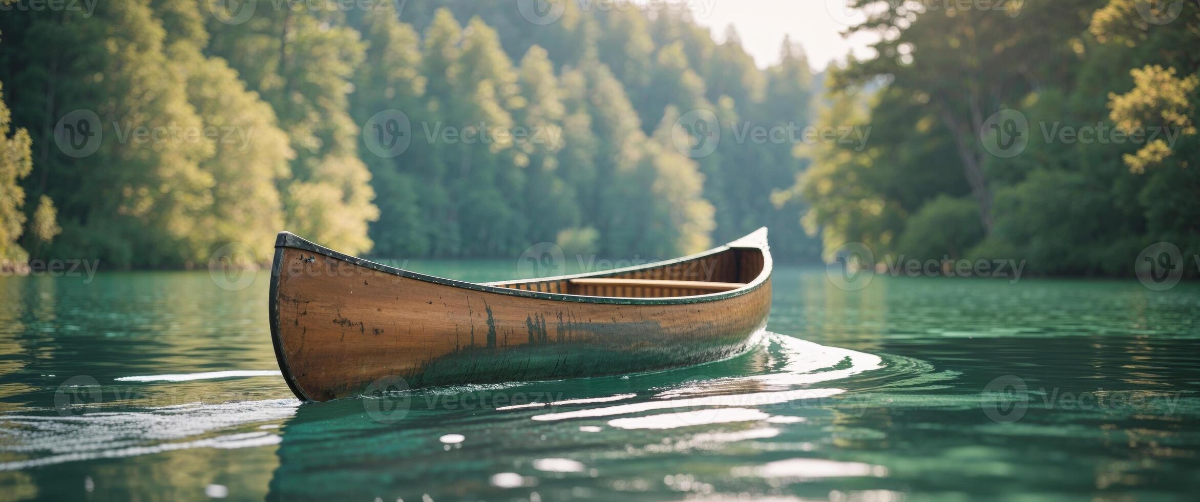 A canoe floating on the water in the middle of a lake photo