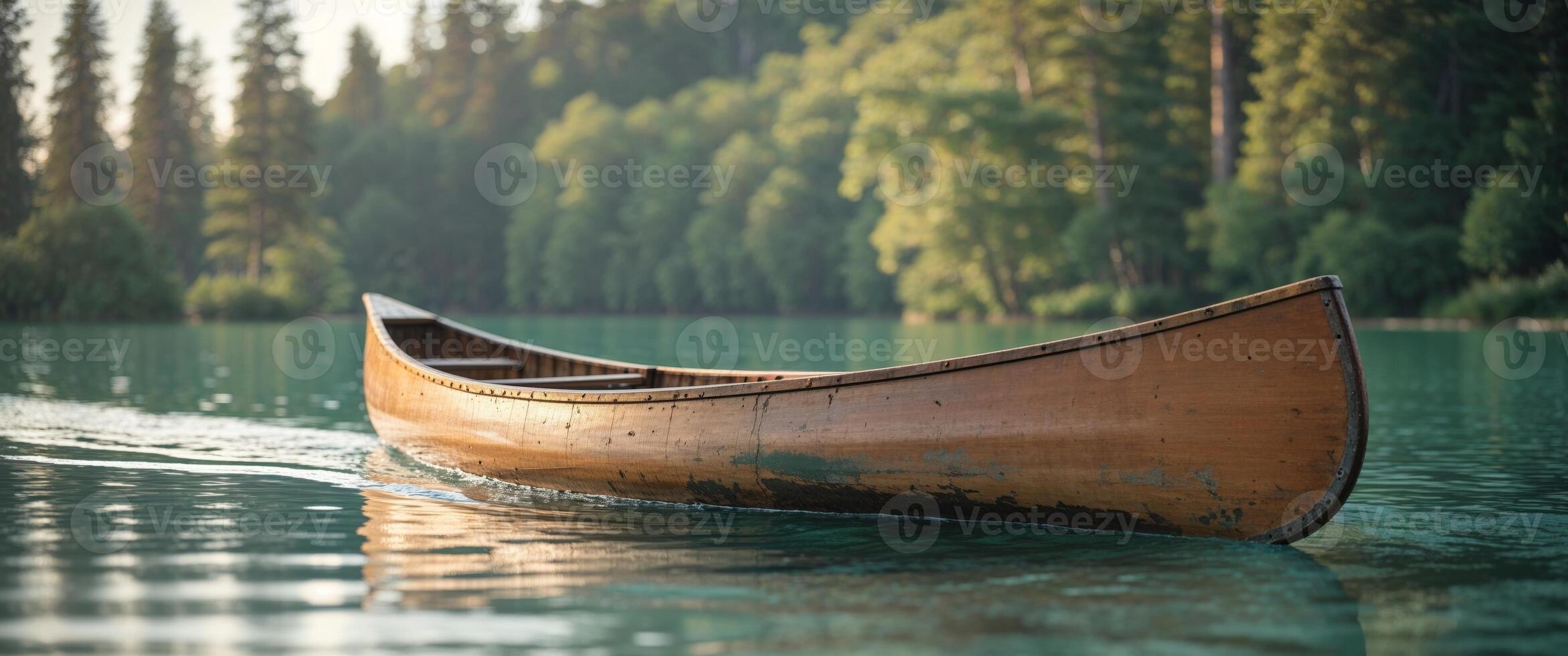 A canoe is floating on the water in front of trees photo