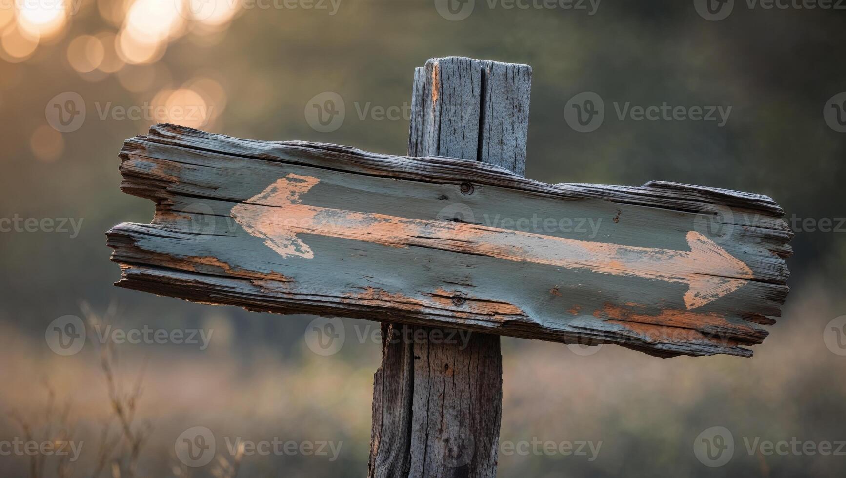 A wooden sign with an arrow pointing in two different directions photo