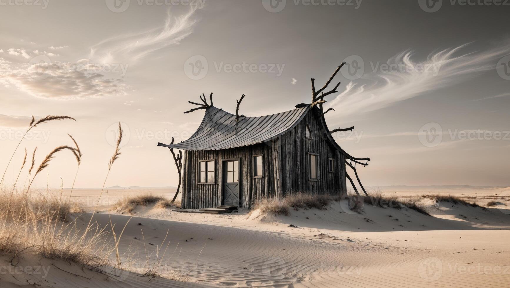 A small wooden house in the middle of the desert photo