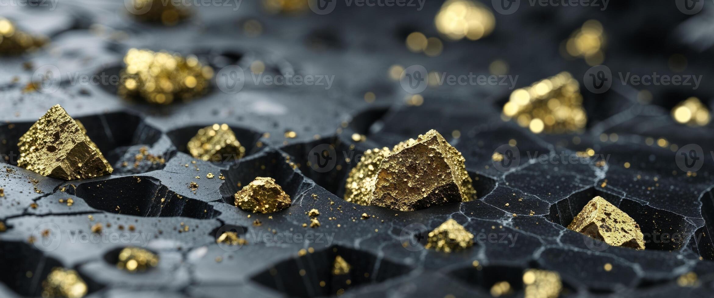 Golden pyrite inclusions within a dark stone matrix background. photo