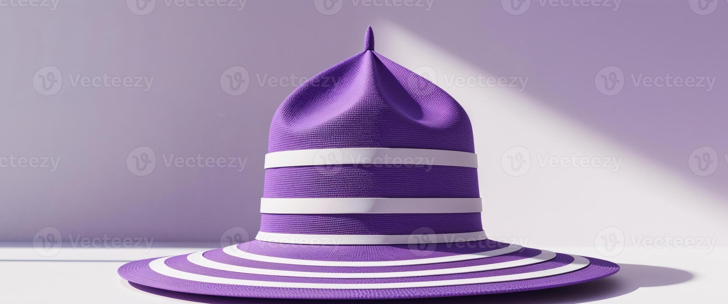 Purple hat with a pointed top and white stripes. photo