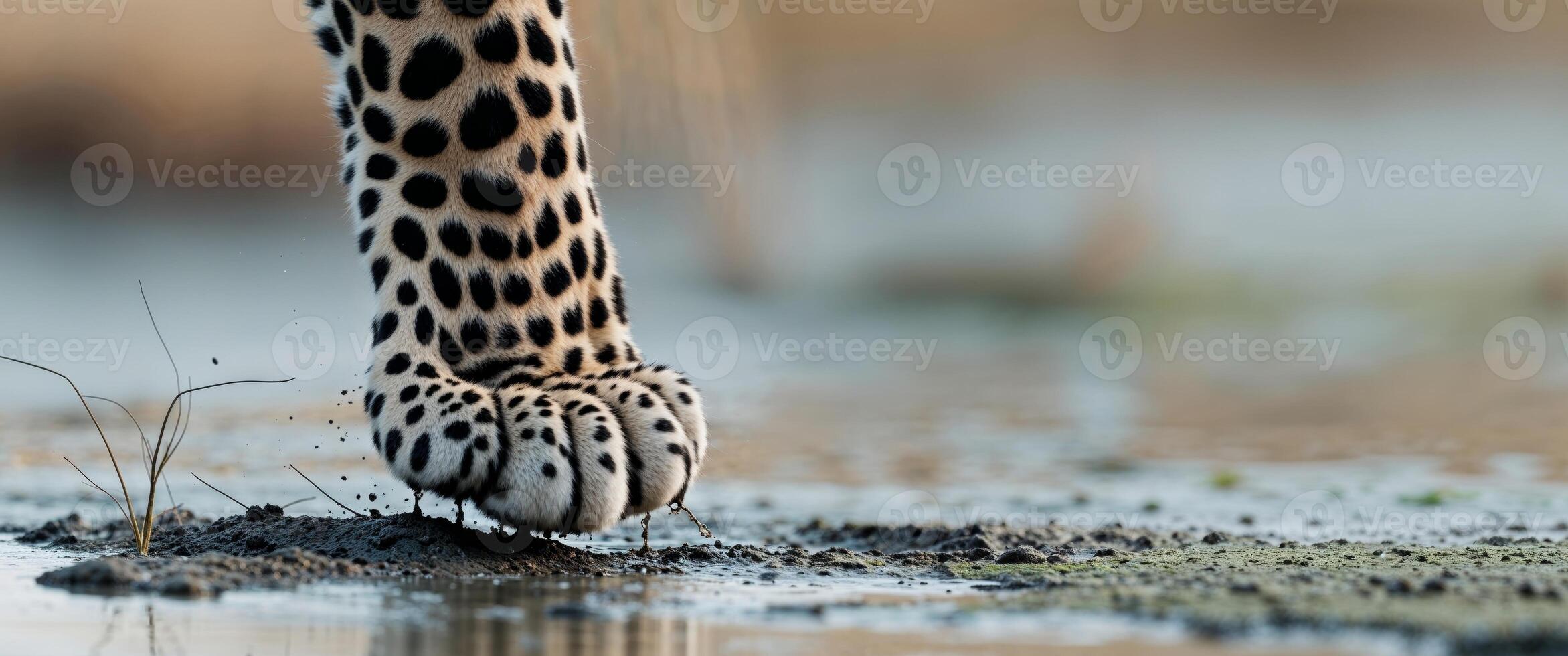 Leopard paw stepping through wet ground in the wild. photo