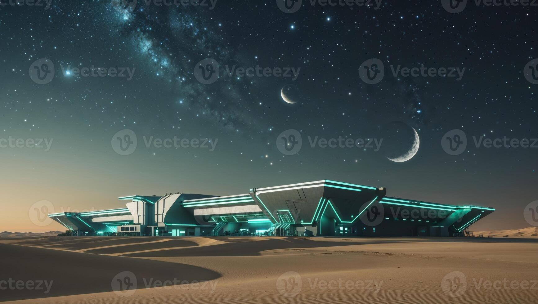 Futuristic Military Base in Desert with Advanced Technology and Starry Sky. photo
