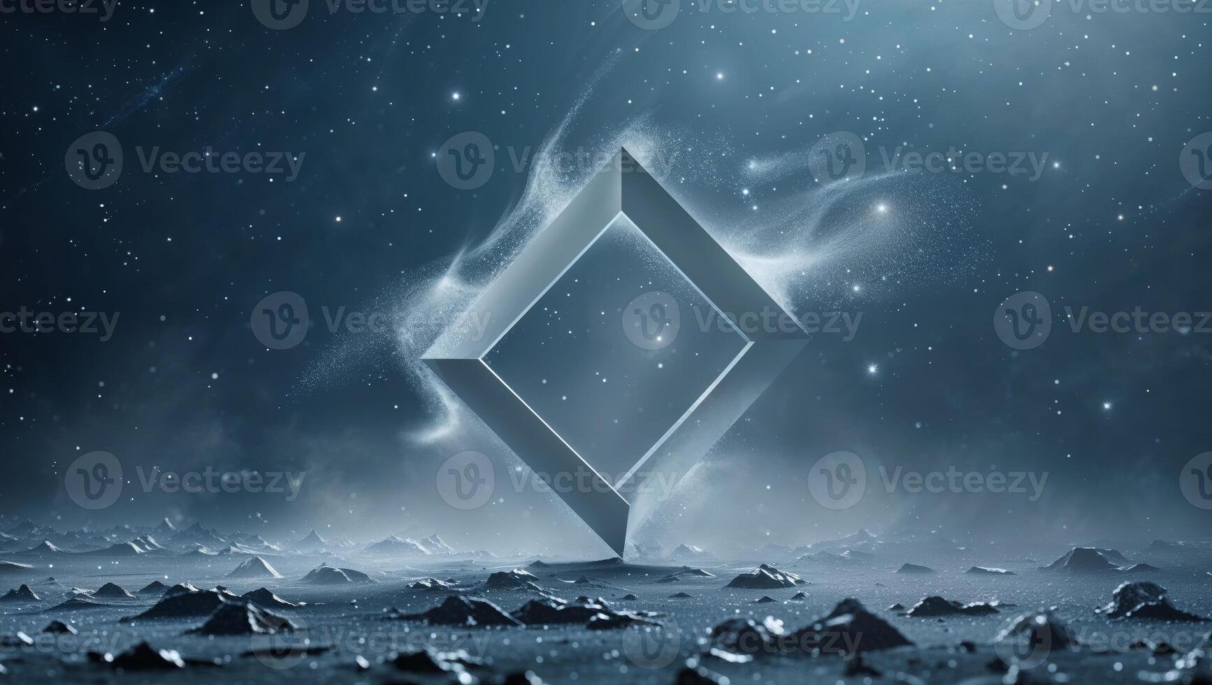Geometric Celestial Form Floating Amidst Cosmic Debris Field Shrouded in Celestial Dust. photo