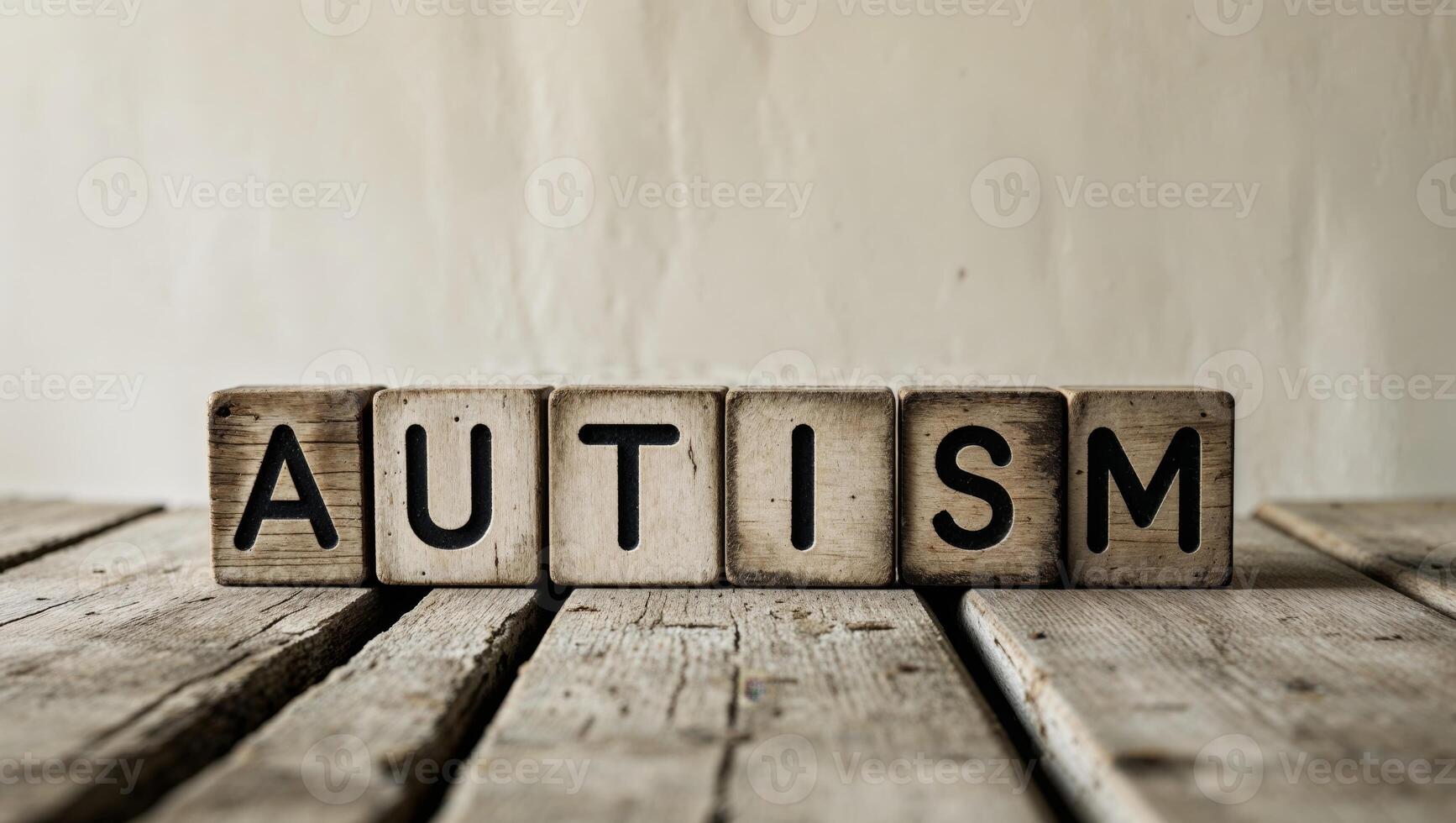 Autism word written in wooden blocks on table. photo
