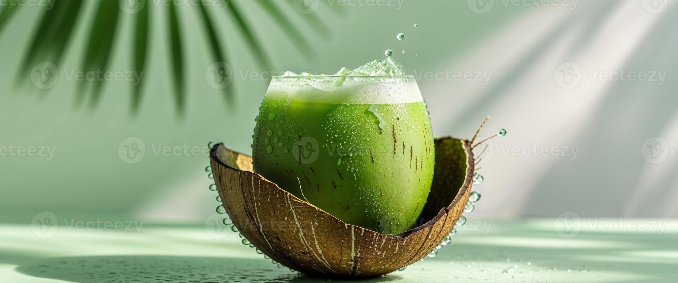 Refreshing Green Coconut Drink in Chilled Shell. photo