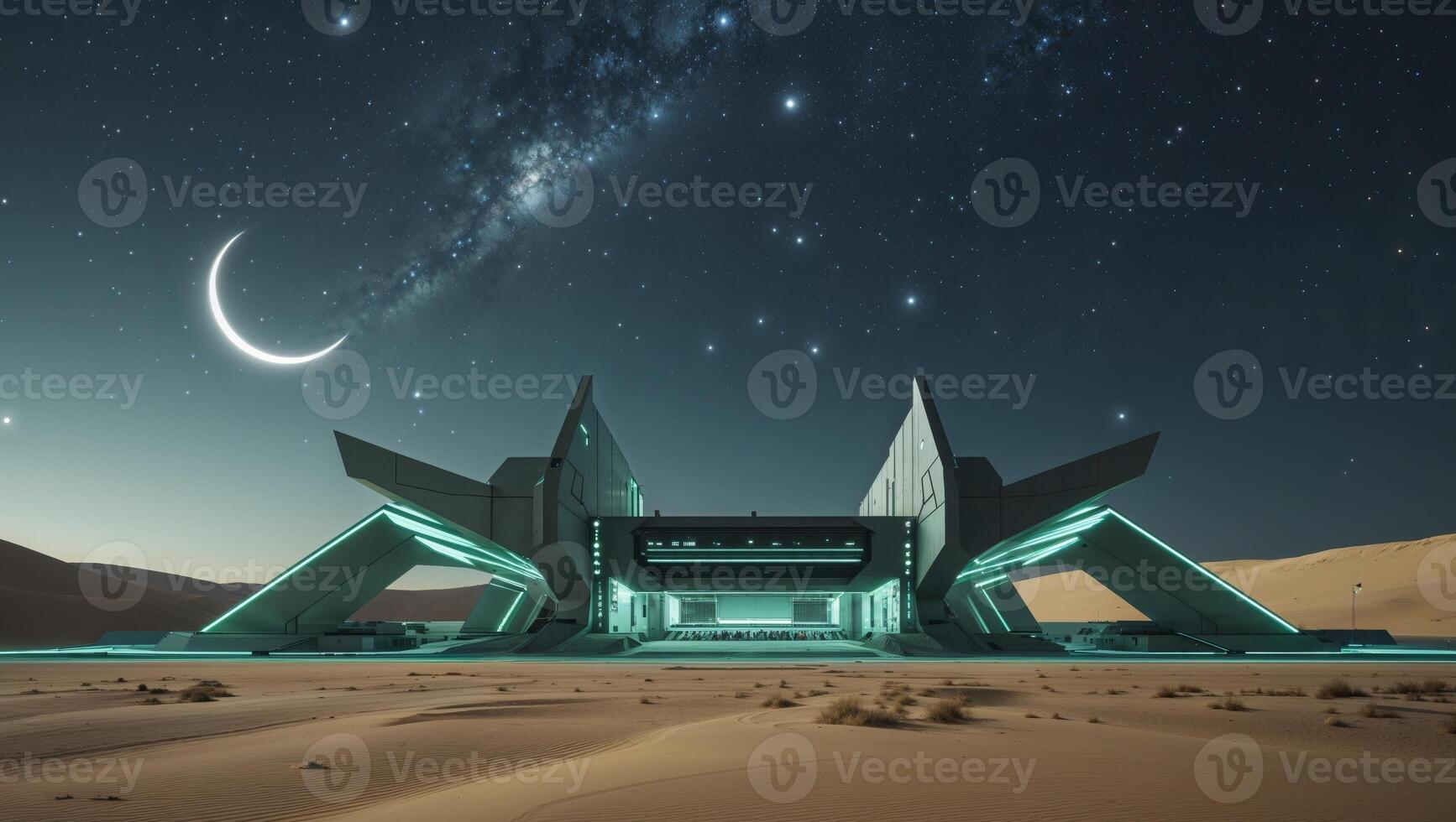 A futuristic building in the desert with a crescent moon photo