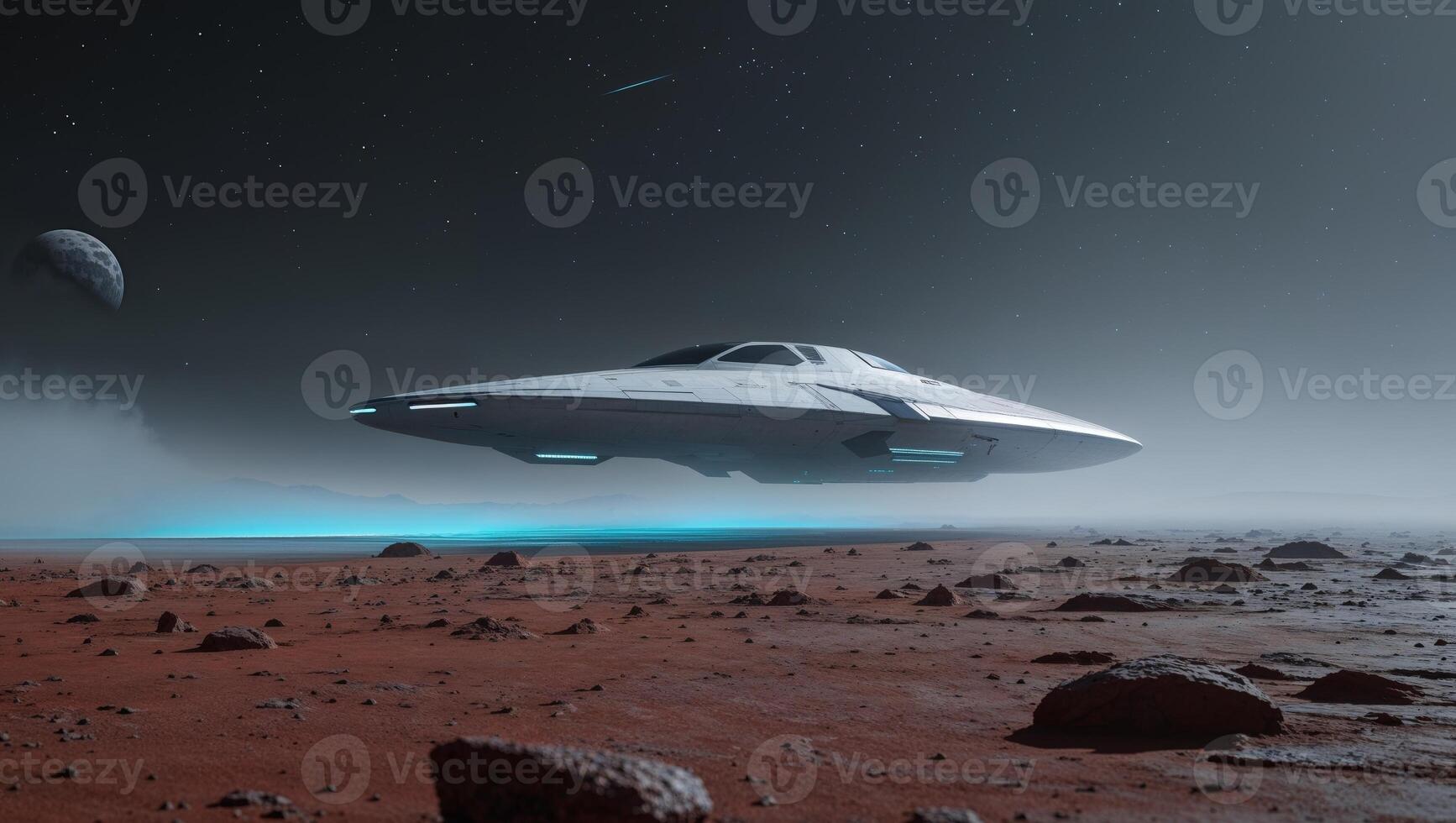 An alien spaceship is flying over a desert photo