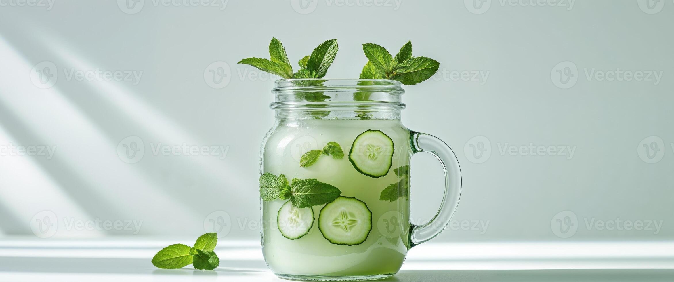 Refreshing cucumber and mint juice in glass jar photo